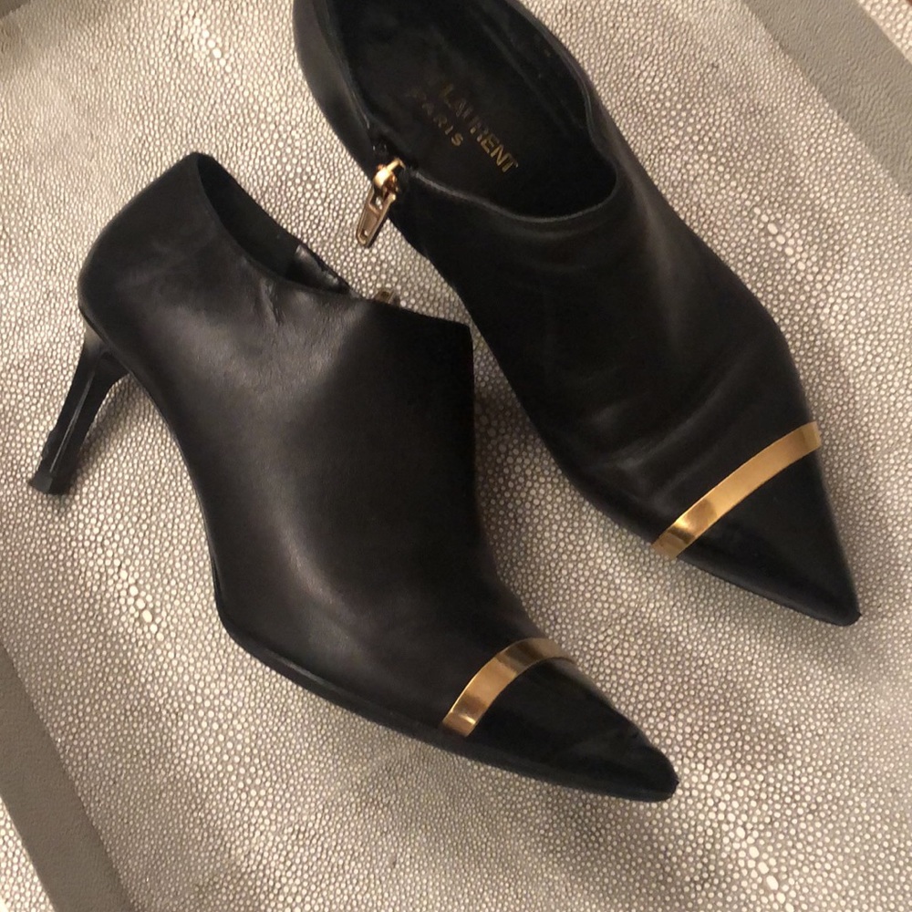YSL Yves Saint Laurent Black Gold Leather Booties Size 38,heel 2.5 - Picture 5 of 9